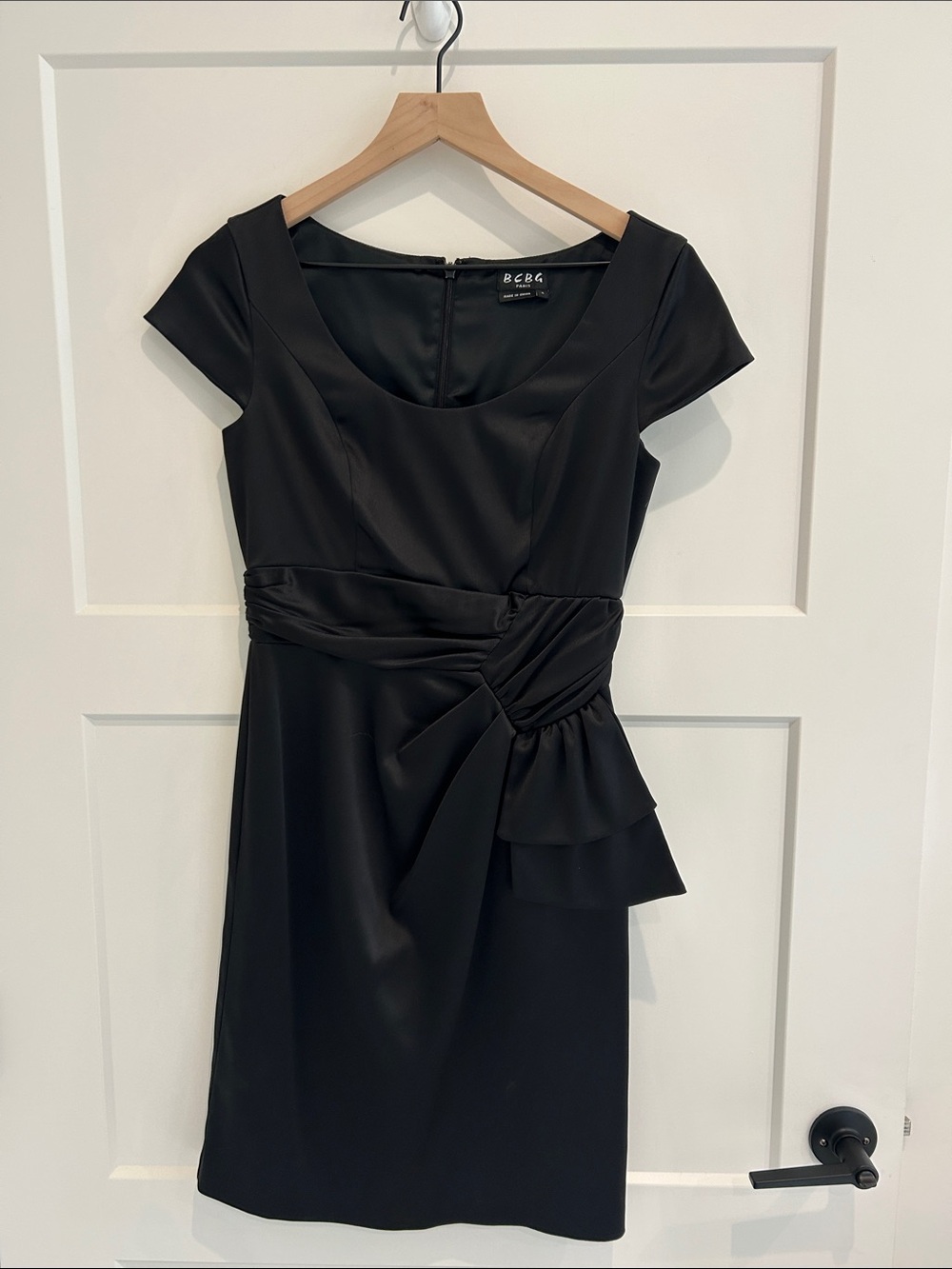 BCBG Paris Black Satin Ruched Ruffle Cocktail Dress Size 4